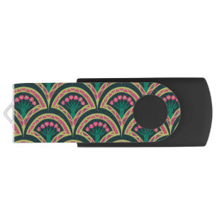 Pink and Green Floral Fan Pattern Flash Drive