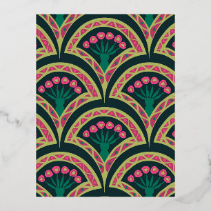 Pink and Green Floral Fan Pattern Foil Holiday Postcard