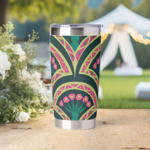 Pink and Green Floral Fan Pattern Insulated Tumbler