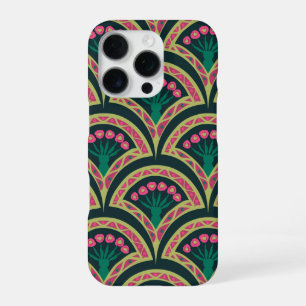 Pink and Green Floral Fan Pattern iPhone 16 Pro Case