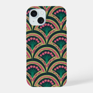 Pink and Green Floral Fan Pattern iPhone 15 Case