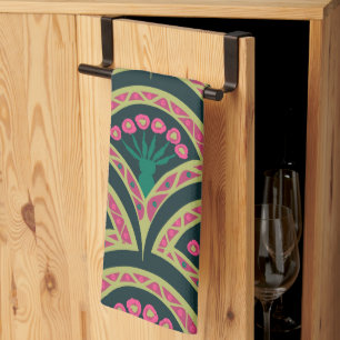 Pink and Green Floral Fan Pattern Kitchen Towel