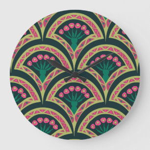 Pink and Green Floral Fan Pattern Large Clock