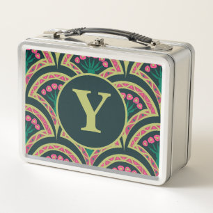 Pink and Green Floral Fan Pattern Metal Lunch Box