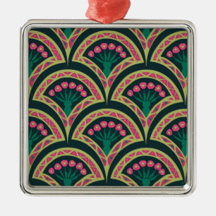 Pink and Green Floral Fan Pattern Metal Ornament