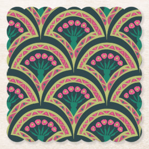 Pink and Green Floral Fan Pattern Paper Coaster