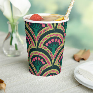 Pink and Green Floral Fan Pattern Paper Cups