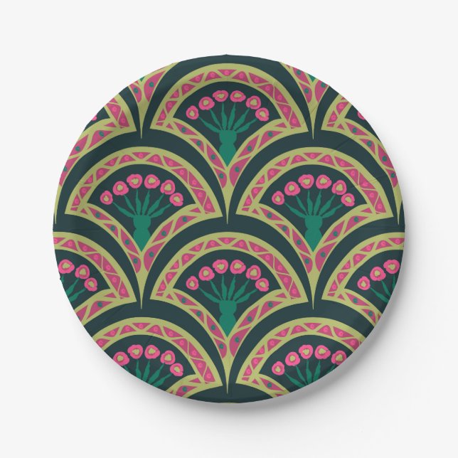 Pink and Green Floral Fan Pattern Paper Plates (Front)
