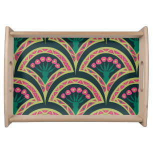Pink and Green Floral Fan Pattern Serving Tray