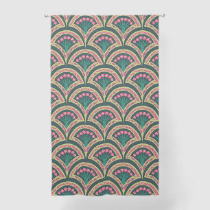 Pink and Green Floral Fan Pattern Sheer Curtains