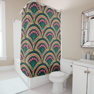 Pink and Green Floral Fan Pattern Shower Curtain