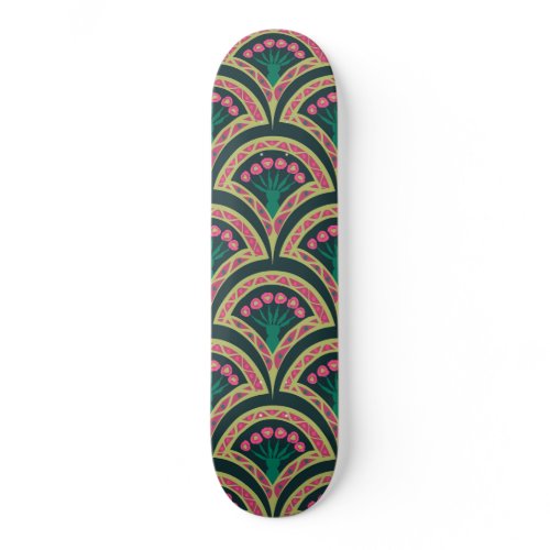 Pink and Green Floral Fan Pattern Skateboard