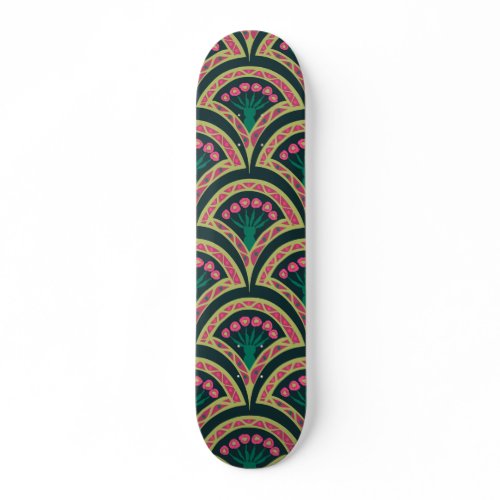 Pink and Green Floral Fan Pattern Skateboard