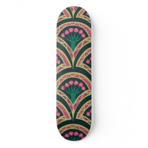 Pink and Green Floral Fan Pattern Skateboard