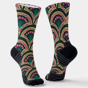 Pink and Green Floral Fan Pattern Socks