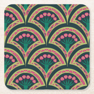 Pink and Green Floral Fan Pattern Square Paper Coaster