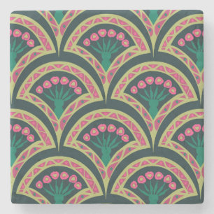 Pink and Green Floral Fan Pattern Stone Coaster