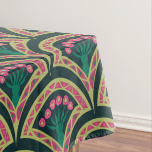 Pink and Green Floral Fan Pattern Tablecloth
