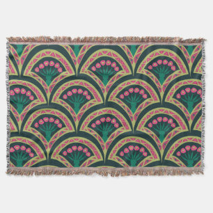 Pink and Green Floral Fan Pattern Throw Blanket