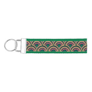 Pink and Green Floral Fan Pattern Wrist Keychain