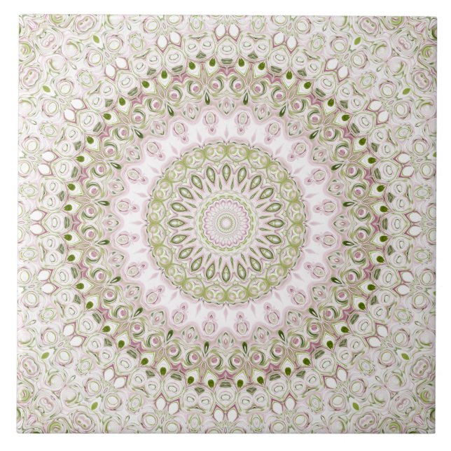 Pink and Green Floral Mandala Pattern Design Ceramic Tile (Front)