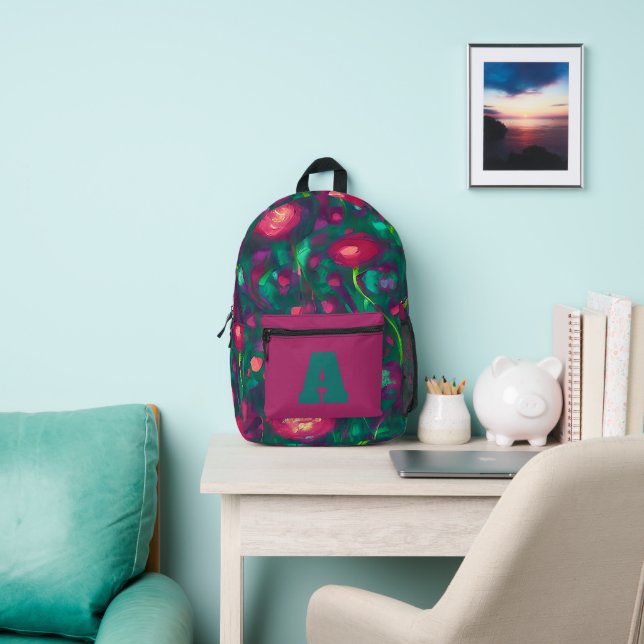 Pink and green floral monogram printed backpack (Insitu)