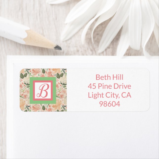 Pink and Green Floral Monogram Return Label (Insitu)