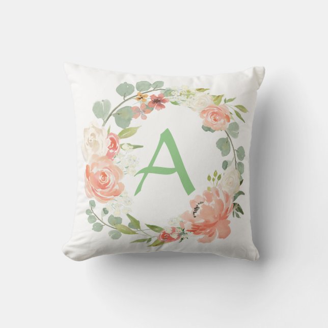 Pink and Green Floral Monogram Throw Pillow (Front)