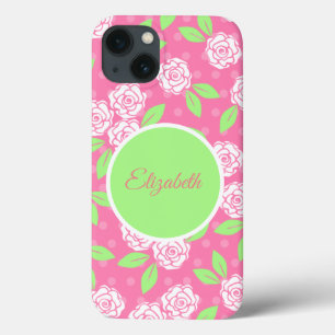 Pink and Green Floral Monogrammed iPhone 13 Case