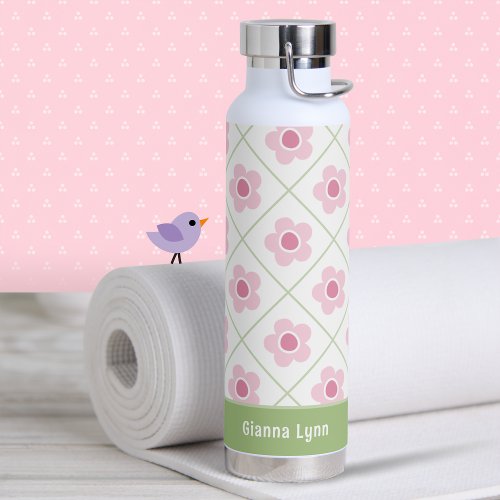 Pink and Green Floral Personalized Water Bottle