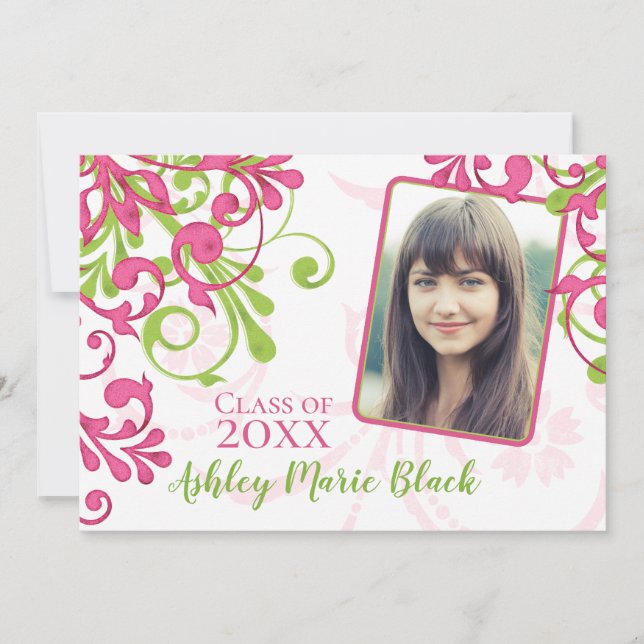 Pink and Green Floral Photo Graduation Invitation (Front)