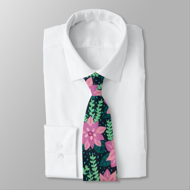 Pink and Green Floral Print on Black Neck Tie (Tied)