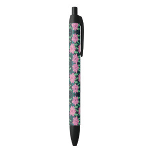 Pink and Green Floral Print on Black Pen