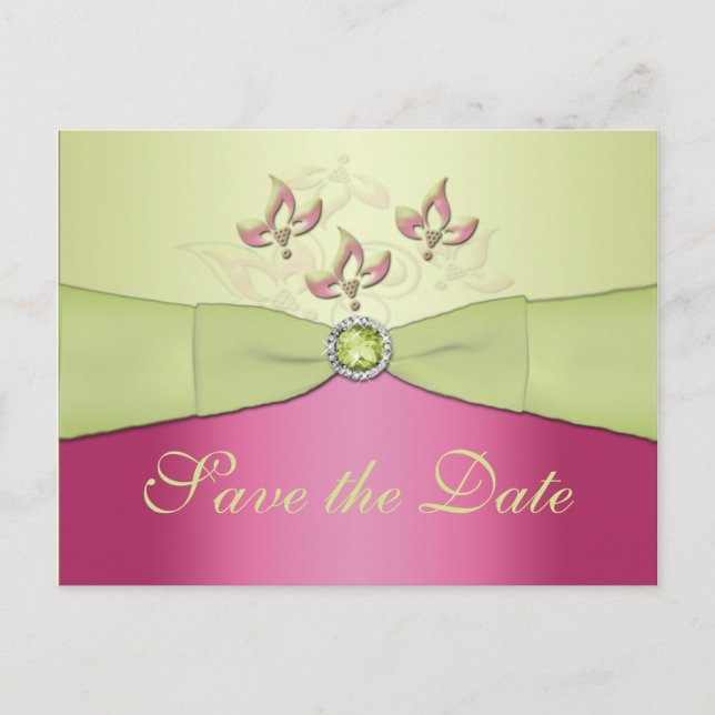 Pink and Green Floral Save the Date Postcard (Front)