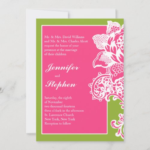 Pink and Green Floral Scroll Wedding Invitation