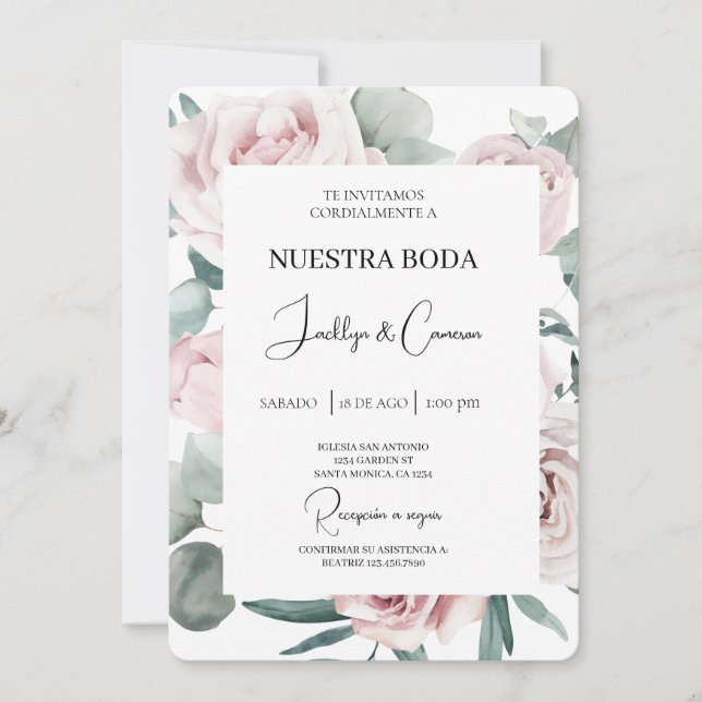 Pink and green Floral Spanish Wedding Invitation (Front)