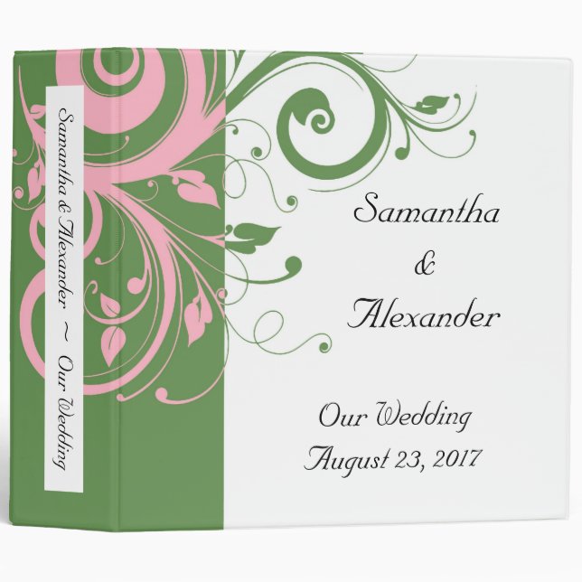 Pink and Green Floral Swirl Wedding 3 Ring Binder (Front/Spine)