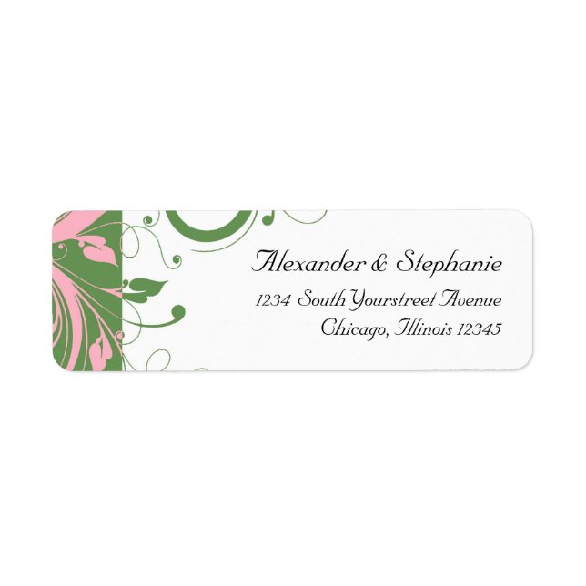 Pink and Green Floral Swirl Wedding Label (Front)