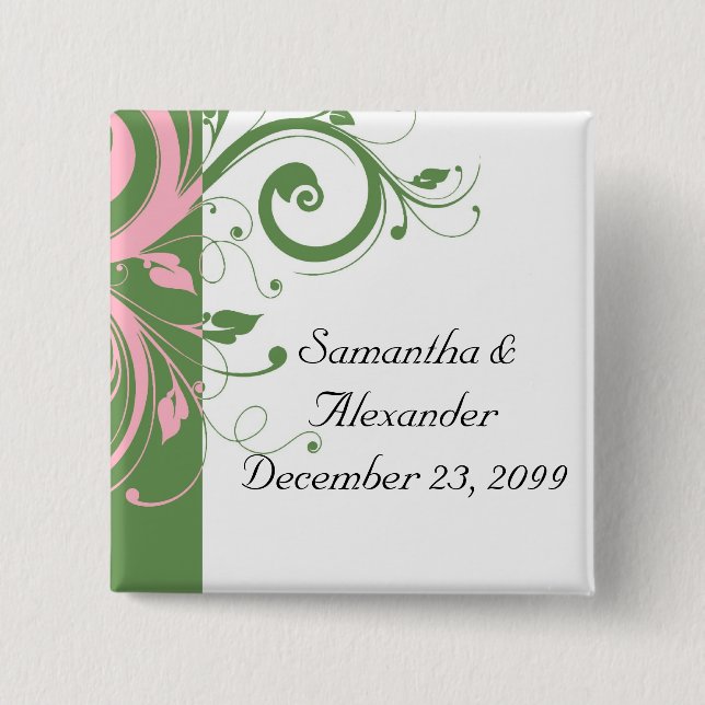 Pink and Green Floral Swirl Wedding Pinback Button (Front)