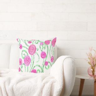 Pink and Green Floral Throw Pillow