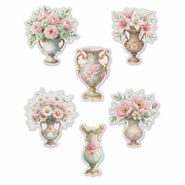 Pink and Green Floral Vase Sheet of Stickers (Front)