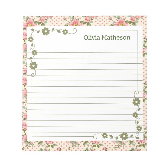 Pink and Green Floral Vine Borders Notepad (Front)