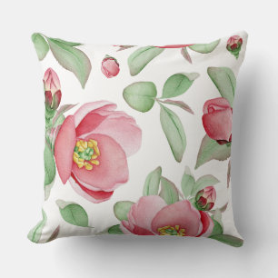 Pink and Green Floral Watercolor Design Throw Pillow