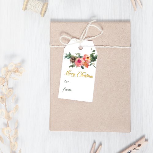 Pink and Green Floral Watercolor Merry Christmas Gift Tags