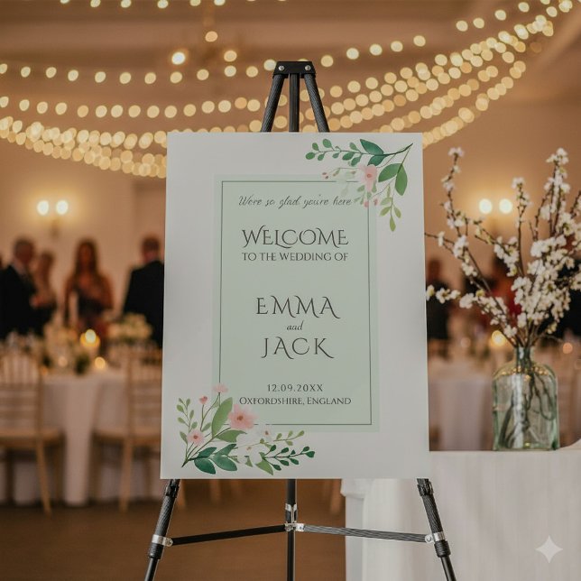 Pink and green floral Welcome to the Wedding sign (Elegant wedding welcome sign with botanical accents,)