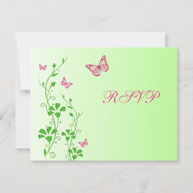 Pink and Green Floral with Butterflies Reply Card (Front)