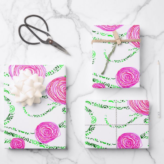 Pink and Green Floral Wrapping Paper Sheets (Front)