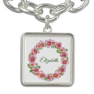 Pink and Green Floral wreath Monogram Bracelet