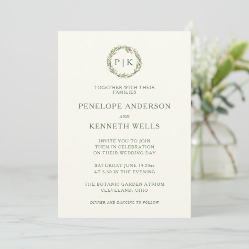 Pink and Green Floral Wreath Monogrammed Wedding Invitation