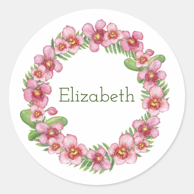 Pink and Green Floral Wreath Personalized Classic  Classic Round Sticker (Front)